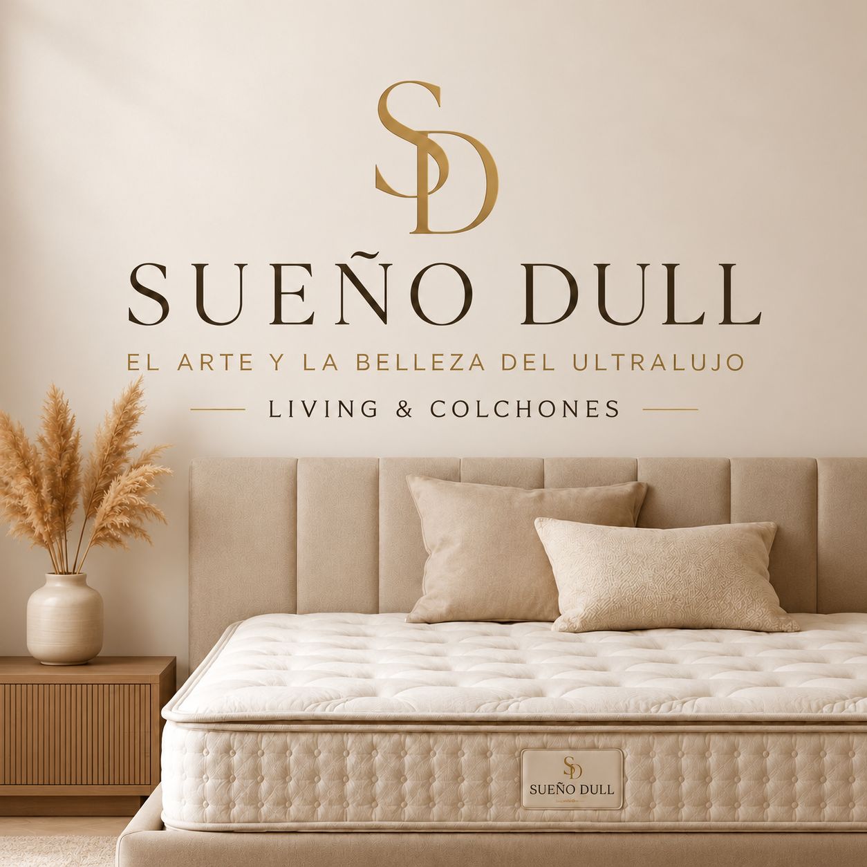 Colchón Sueño Dull con cabecero y textiles beige