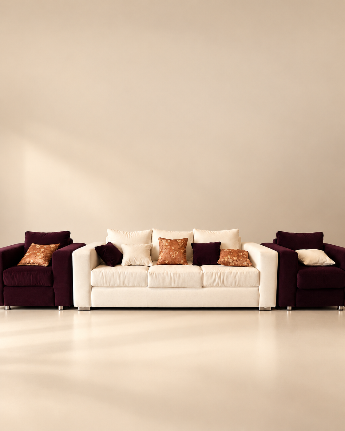 Conjunto de sofá marfil y sillones borgoña